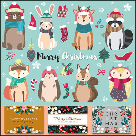 7套圣诞节卡通动物人物插图和圣诞贺卡蚂蚁素材网矢量素材精选