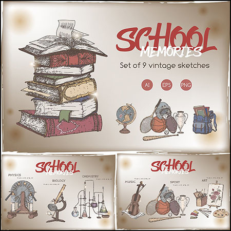 学生时代复古学习用品插图蚂蚁素材网矢量素材精选