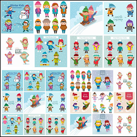 10款冬季玩雪打雪仗可爱儿童孩子插图蚂蚁素材网矢量素材精选
