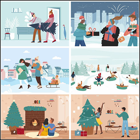 15款圣诞节开心户外游玩场景蚂蚁素材网矢量插图精选