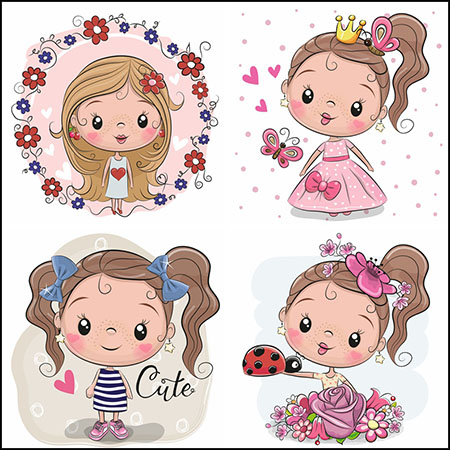 4款可爱卡通女孩插图蚂蚁素材网矢量素材精选