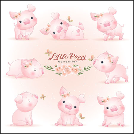 12套可爱卡通水彩粉色小猪蚂蚁素材网矢量素材精选