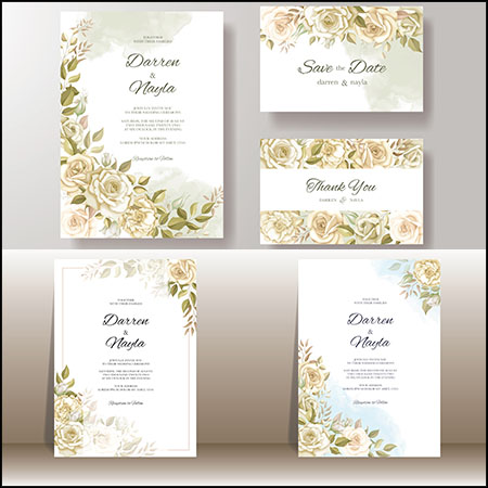 6款玫瑰装饰的优雅婚礼请柬蚂蚁素材网矢量素材精选
