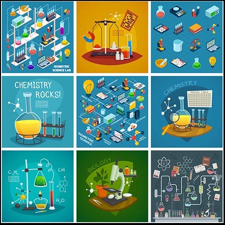30套2.5D化学实验医学研究生物化学器皿化学仪器蚂蚁素材网矢量素材精选