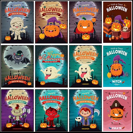 25款万圣节南瓜怪和可爱幽灵等矢量海报素材