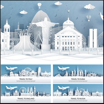 9款城市景观和世界旅游著名建筑矢量剪影