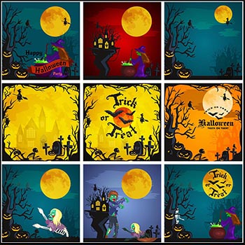 50款万圣节南瓜怪巫婆背景卡通矢量海报