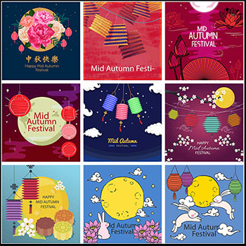 105款中秋节传统中国风月饼月亮扁平化海报矢量插画