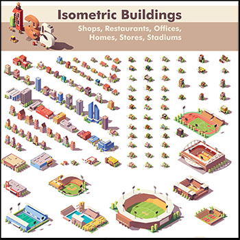 百款卡通商铺建筑足球场和篮球场2.5D等距立体插图