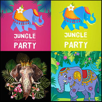 花装饰元素印度风格卡通大象蚂蚁素材网矢量插图精选