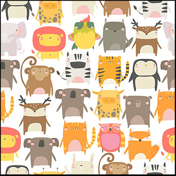 白色无缝矢量可爱动物插图