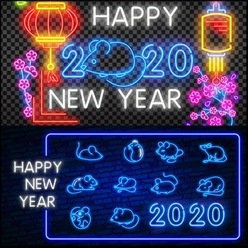 8款2020霓虹灯数字和新年春节灯笼老鼠蚂蚁素材网矢量插图精选