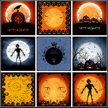 27款万圣节月亮下的狼人和鬼怪矢量海报背景