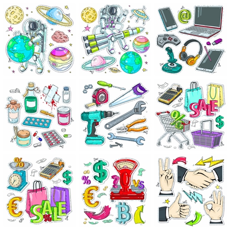 手绘宇航员及金融购物类插图元素