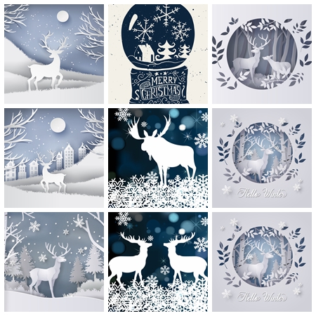 唯美创意圣诞节麋鹿剪纸海报蚂蚁素材网矢量背景精选