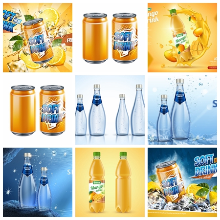 灌装饮料和瓶装饮料矢量样机模型