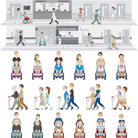 医院和宠物医院场景,搀扶轮椅上的矢量人物素材