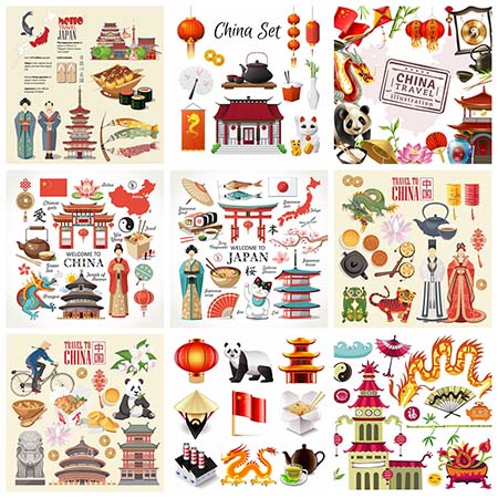 中国和日本传统元素和日本穿和服的艺伎插图