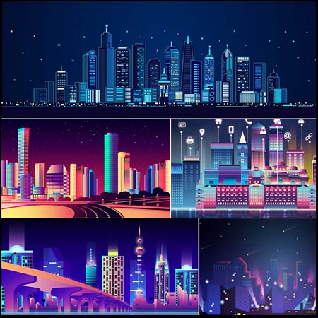 扁平化卡通上海香港城市高楼风景渐变UI背景素材