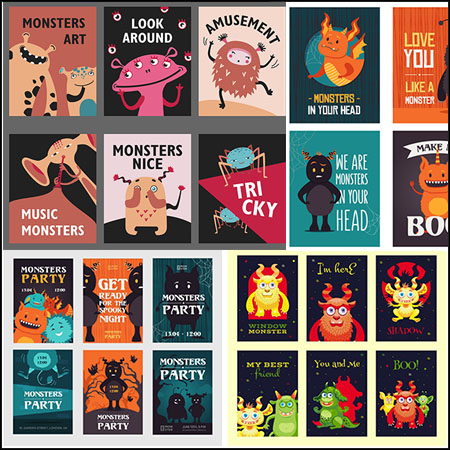 4套鬼怪怪物装饰万圣节海报蚂蚁素材网矢量模板精选