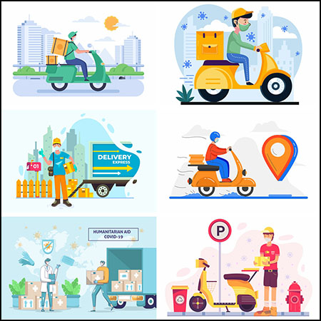 7款外卖快递配送蚂蚁素材网矢量插图精选