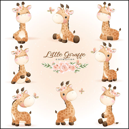 12款多种姿势可爱卡通水彩长颈鹿插图蚂蚁素材网矢量素材精选