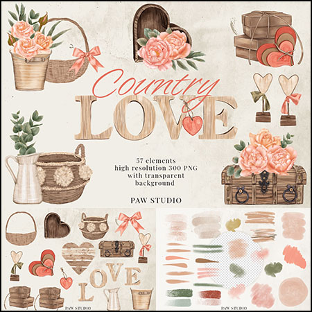 波西米亚乡村爱情水彩花卉剪贴画EPS/PNG免抠图