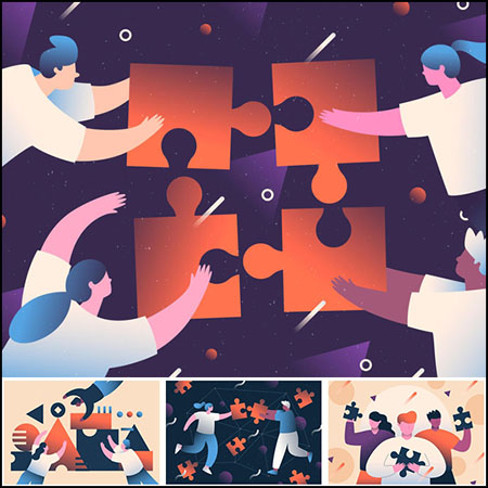 4款图片拼接拼图企业合作概念蚂蚁素材网矢量插图精选