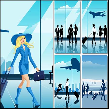 商务旅行人物剪影机场场景插图