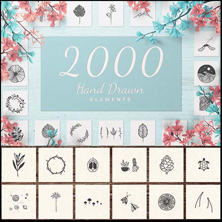 2000个手绘素材包,包含动物 冒险 食品等矢量包