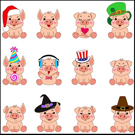 可爱戴圣诞帽的矢量小猪