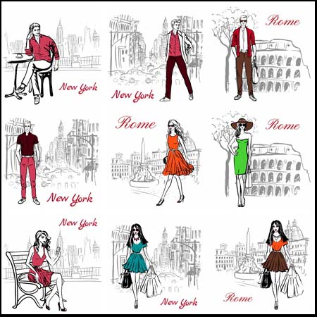 时尚男人女人手绘蚂蚁素材网矢量插图精选