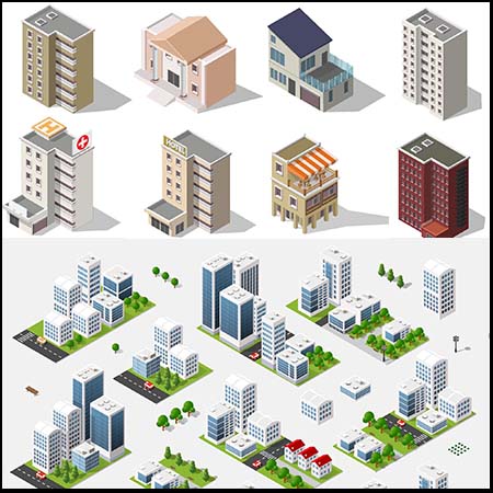 3套别墅高楼大厦2.5D等距素材