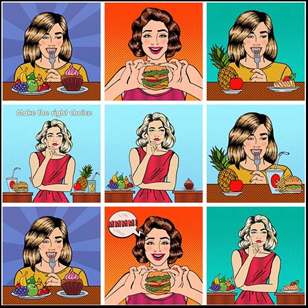 正在吃汉堡快餐的女人蚂蚁素材网矢量插图精选