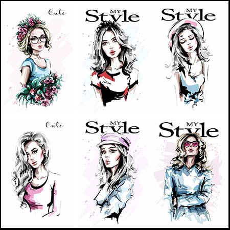 9款女人女孩水彩矢量插画