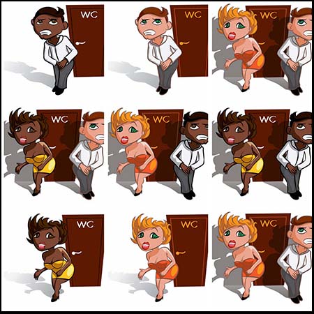 在厕所外尿急等待的男人和女人插画