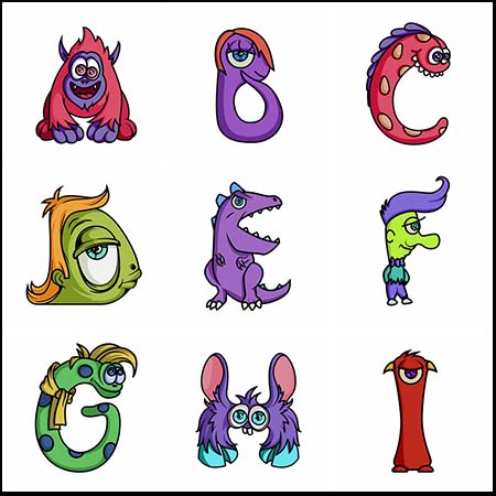 26个卡通外星生物英文字母素材