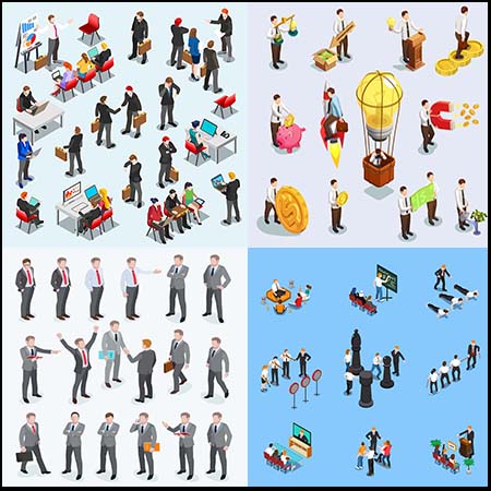 4套办公白领和金融人物2.5D等距插图