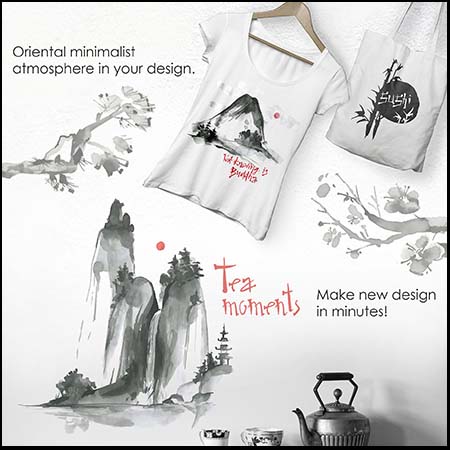 日本风格水墨山水画和竹子鱼等蚂蚁素材网矢量插图精选