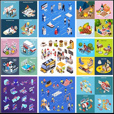 14款多行业2.5D等距蚂蚁素材网矢量插图精选