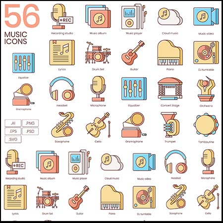 56个音乐乐器影音AI/EPS/SVG/PNG蚂蚁素材网矢量图标精选