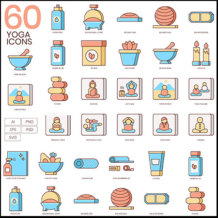 60个瑜伽运动AI/SVG/EPS/PNG蚂蚁素材网矢量图标精选