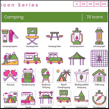 70个露营图标AI/EPS/SVG/PNG蚂蚁素材网矢量图标精选