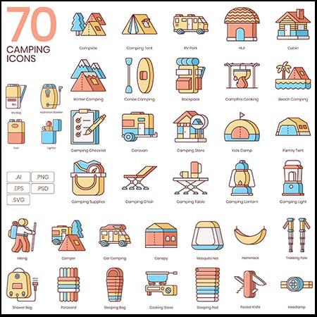 70个露营相关图标AI/PSD/EPS/SVG/PNG格式