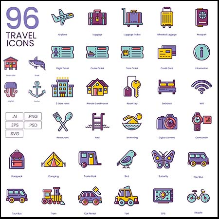 96个旅游旅行AI/PSD/SVG/PNG/EPS蚂蚁素材网矢量图标精选