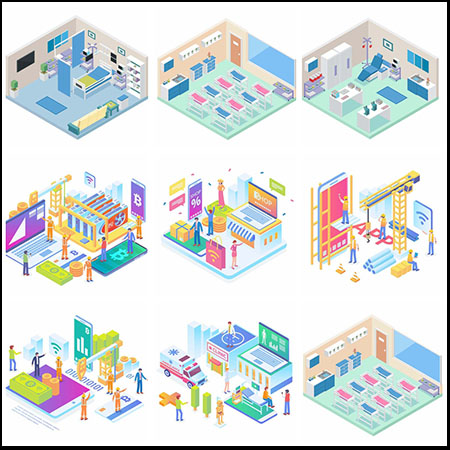 医院检查室和病房2.5D等距蚂蚁素材网矢量插图精选