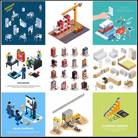 9款办公业绩汇报、家具、化学研究实验、金融、急救救护、混凝土运输和别墅2.5D等距插图