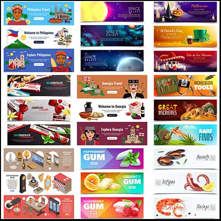 13套水果蔬菜海鲜星空圣诞节矢量横幅