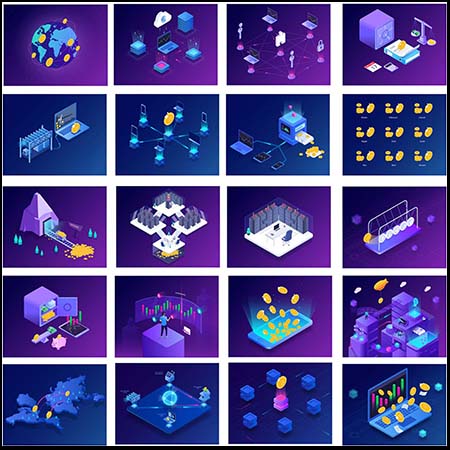 区块链B特币和网页引导商务场景2.5D等距插图