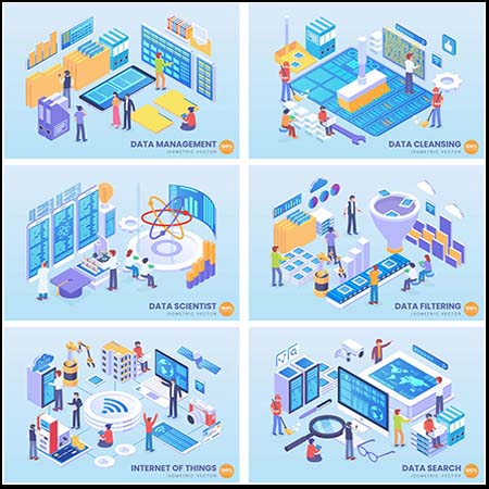 高科技数据分析2.5D等距蚂蚁素材网矢量插图精选